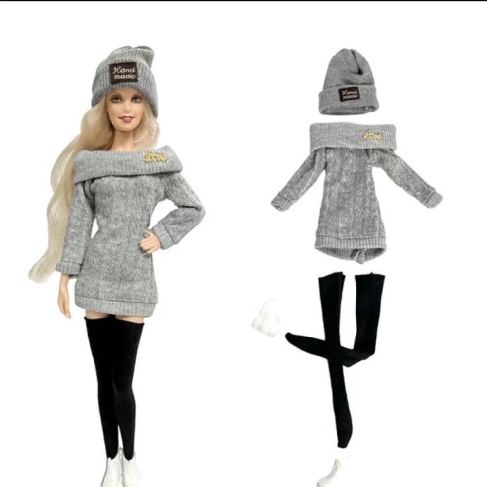 Barbie doll clothes - 4 piece set 
Leggings, Sweater, Beanie, White Boots
New
